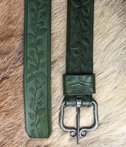 POMMES DE PIN, CEINTURE EN CUIR, FORESTIER, BOUCLE FORGÉE