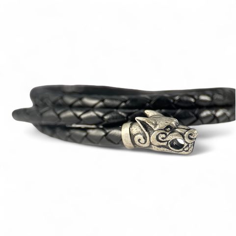 VIKING WOLF BRAIDED LEATHER BOLO, LEATHER AND PEWTER
