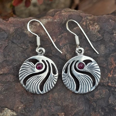 SHELL, PRAGUE ART NOUVEAU, EARRINGS SILVER 925, GARNET