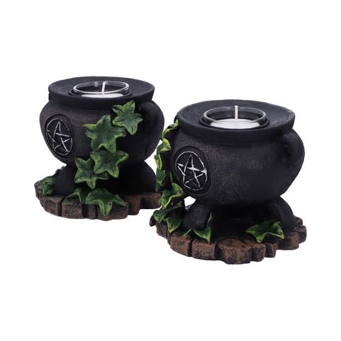 LOT DE DEUX BOUGEOIRS SORCIÈRES EN FORME DE CHAUDRON EN LIERRE 11CM