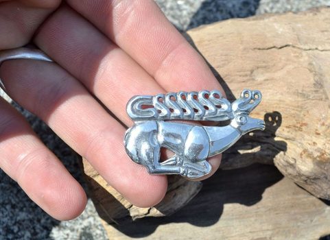 SCYTHIAN STAG BROOCH, STERLING SILVER