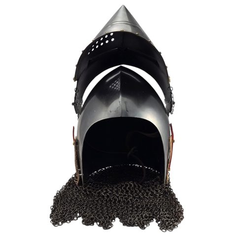 PIG FACE HELMET, CHAIN MAIL AND BRASS