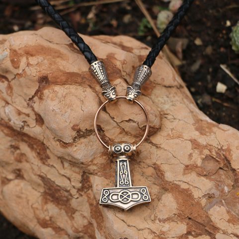 THOR'S HAMMER LEATHER BOLO, BRONZE