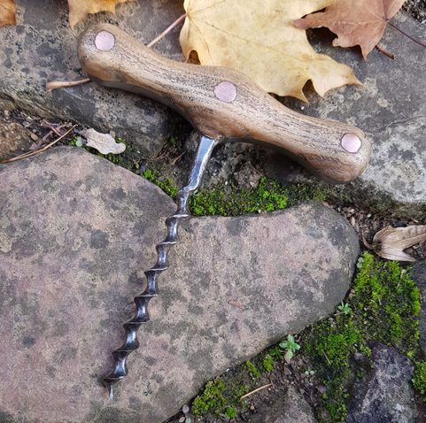 HAND FORGED CORKSCREW, WOOD AND METAL