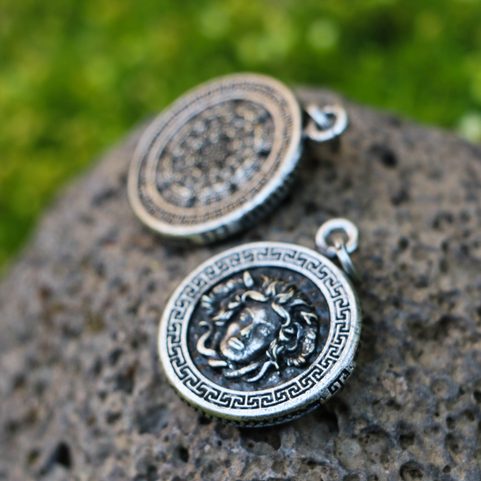 GREEK MEDUSA, MYTHOLOGY, ZINC PENDANT, ANT. SILVER