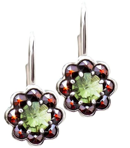 VESNA, MOLDAVITE AND GARNETS, SILVER EARRINGS AG 925/1000