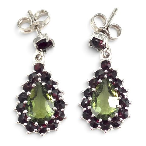 SILVER EARRINGS WITH MOLDAVITE AND GARNET, AG 925