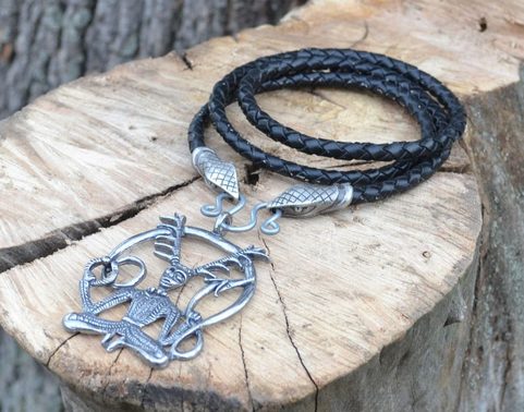 CERNUNNOS, TIN SNAKE HEADS AND PENDANT + LEATHER BOLO