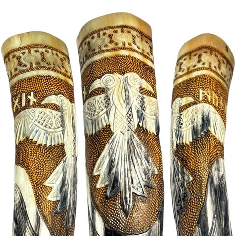 HUGINN AND MUNINN, DECORATED VIKING HORN