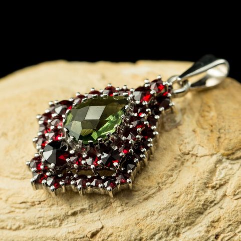 MOLDAU, MOLDAVITE, GARNET, SILVER PENDANT
