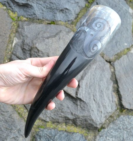 CELTIC TRISKELE, CARVED DRINKING HORN