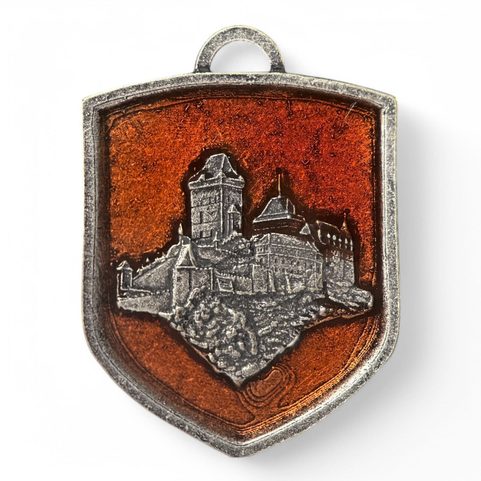 KARLSTEJN CASTLE, MEDIEVAL COAT OF ARMS IN SHIELD, ZINC, ENAMEL