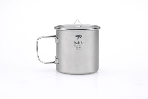 TI3208 SINGLE-WALL TITANIUM MUG WITH FOLDING HANDLE AND LID