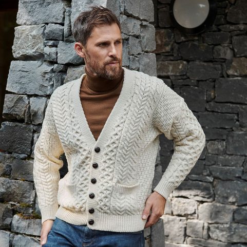MEN'S WOOL CARDIGAN, IRISH SWEATER, ARAN