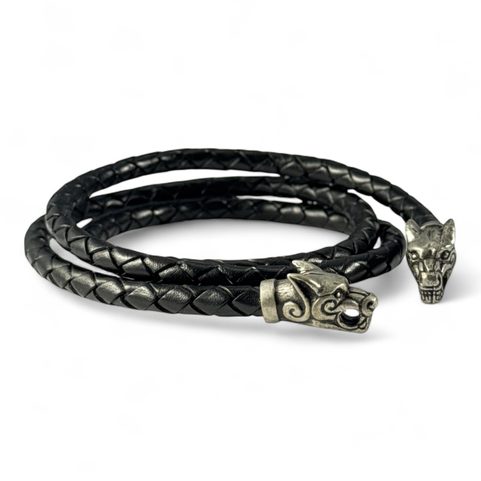 VIKING WOLF BRAIDED LEATHER BOLO, LEATHER AND PEWTER