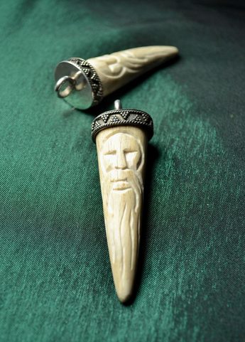 DAZBOG, CARVED SLAVIC AMULET, DEER ANTLER AND SILVER 925