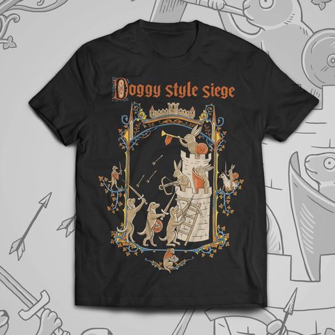 DOGGY STYLE SIEGE - MEDIEVAL RABBITS AND DOGS, MEN'S T-SHIRT, BLACK