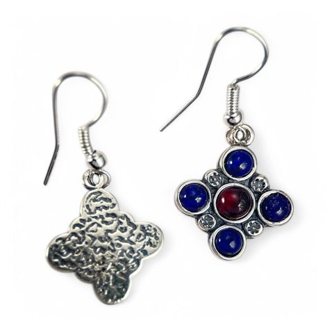 PRAGA, MEDIEVAL SILVER EARRINGS, GARNET AND LAPIS LAZULI, AG 925/1000