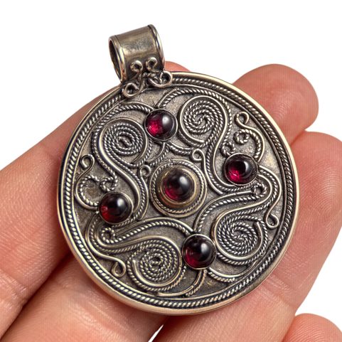 BATTERSEA, LUXURIOUS BRYTHONIC PENDANT, GARNET, BRONZE