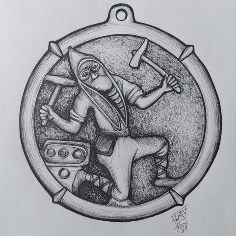 MEDIEVAL MINER - KUTTENBERG, BOHEMIA, PENDANT, ANT.BRASS