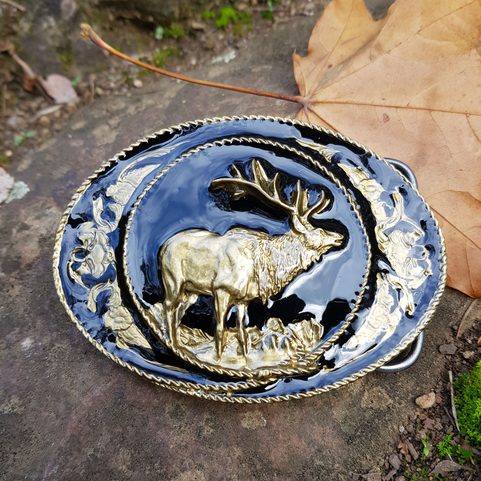 DEER, BLACK AND GOLD, BELT BUCKLE