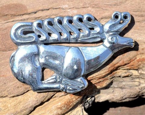 SCYTHIAN STAG BROOCH, STERLING SILVER