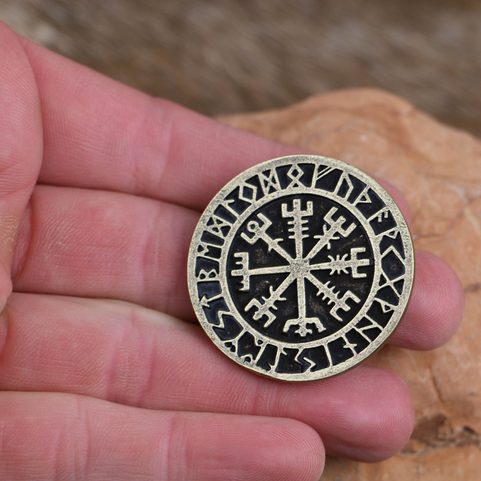 VEGVISIR, ICELANDIC RRUNES, PENDANT, ZINC ANT. BRASS