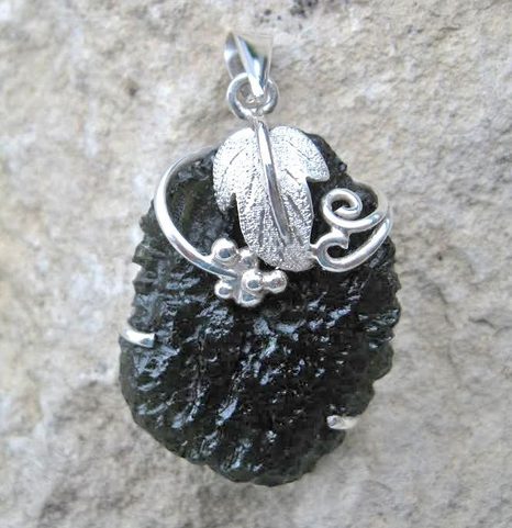 VINIUM, RAW MOLDAVITE PENDANT, STERLING SILVER