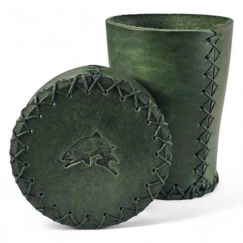 LEATHER CUP FOR DICE WITH LID - GREEN FOR FISHERMEN