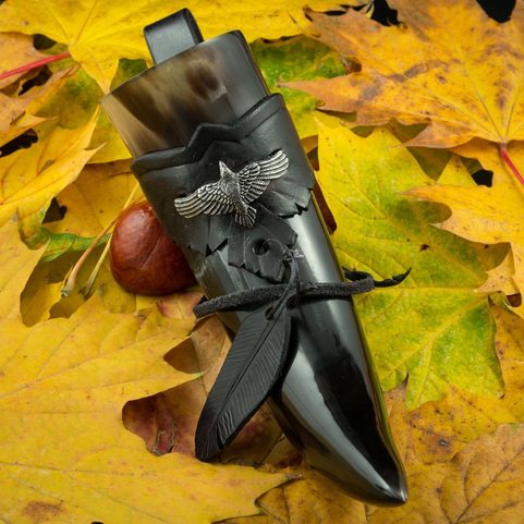 CORVUS, DRINKING HORN AND LEATHER HOLDER