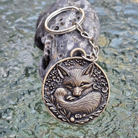 SLEEPING FOX, KEYCHAIN, ZINC, OLD BRASS