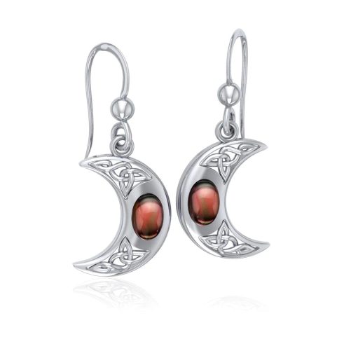 SILVER CRESCENT MOON EARRINGS WITH GARNET