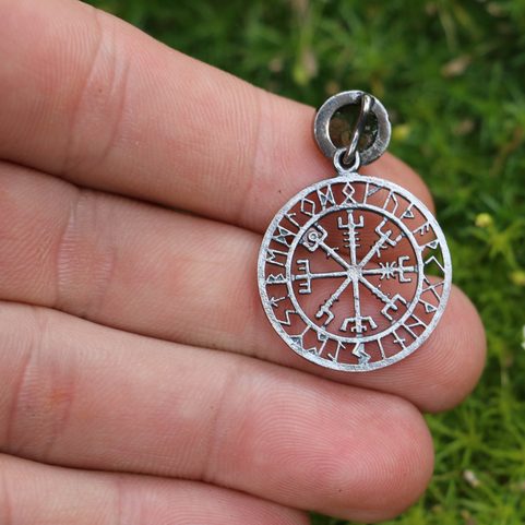 VEGVISIR, RUNES, PENDANT, SILVER, MOLDAVITE