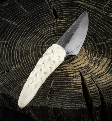JOKUL, HAND FORGED KNIFE, CARVED ANTLER