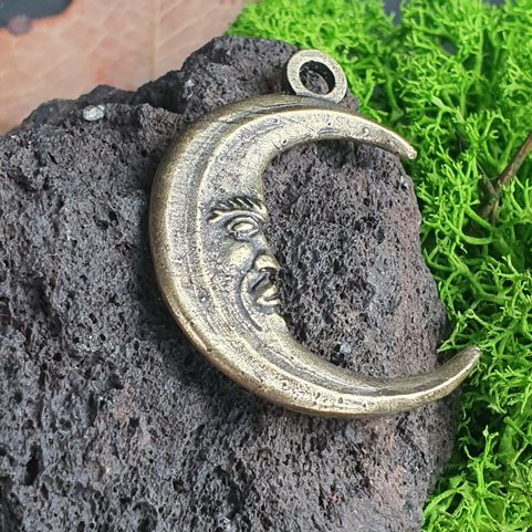 MOON WITH FACE, AMULET, ZINC, OLD BRASS