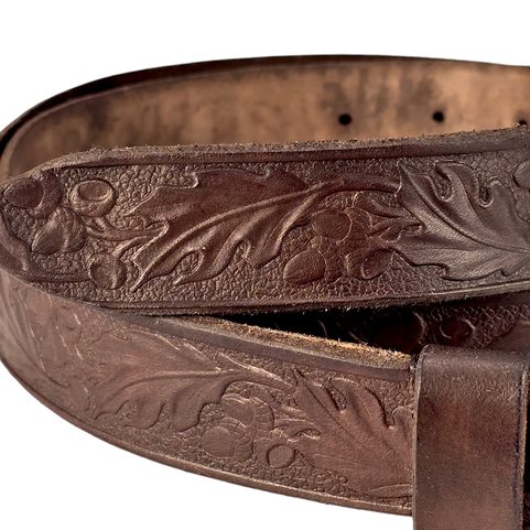 OAK, LEATHER BELT WITH OAK DECORATION, BROWN, BRONZE