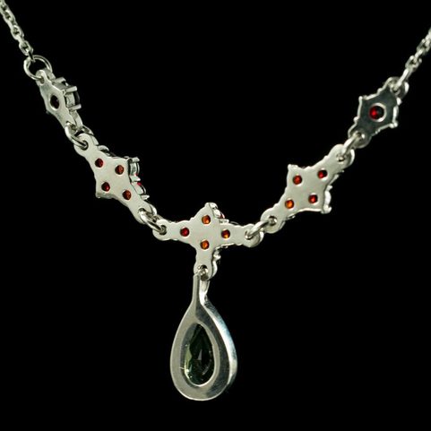 ROSALIA, CZECH MOLDAVITE, GARNET, SILVER NECKLACE