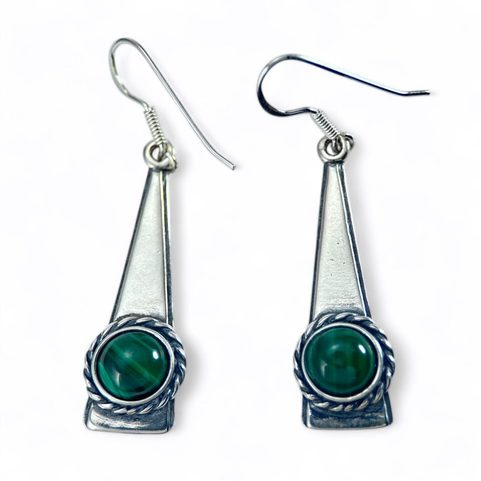 TRIANGLE - BOUCLES D'OREILLES EN ARGENT AVEC MALACHITE, AG 925