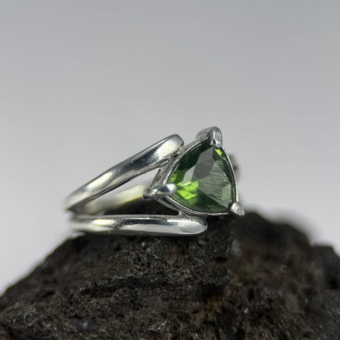 MOLDAVITE RING, TRILLION CUT, STERLING SILVER