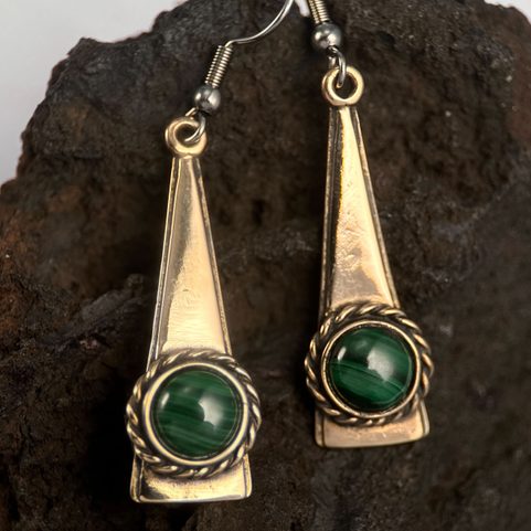 TRIANGLE, OHRRINGE, BRONZE, MALACHIT