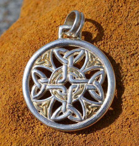 CELTIC KNOTTED SHIELD, SILVER, GOLD PLATED