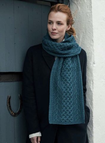 TREE OF LIFE ARAN SCARF, MERINO WOOL, BLUE