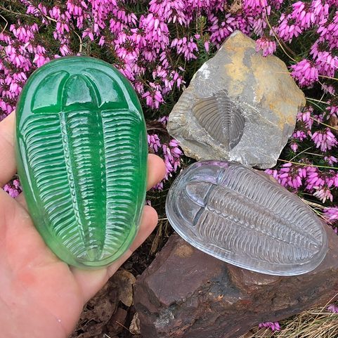 GLASS PAPERWEIGHT TRILOBITE, GREEN