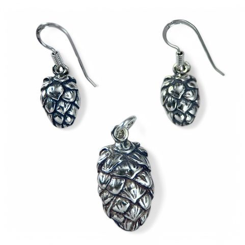 HOPS - HOP CONE, SET OF PENDANT AND EARRINGS, SILVER