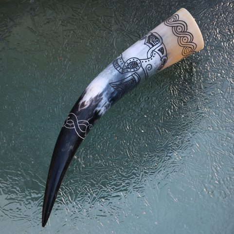 VIKING RAVEN, CARVED DRINKING HORN