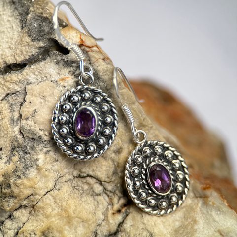 DOMINIA, SILVER ANTIQUE EARRINGS, AMETHYST, AG 925/1000