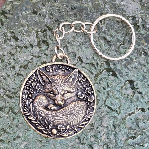 SLEEPING FOX, KEYCHAIN, ZINC, OLD BRASS