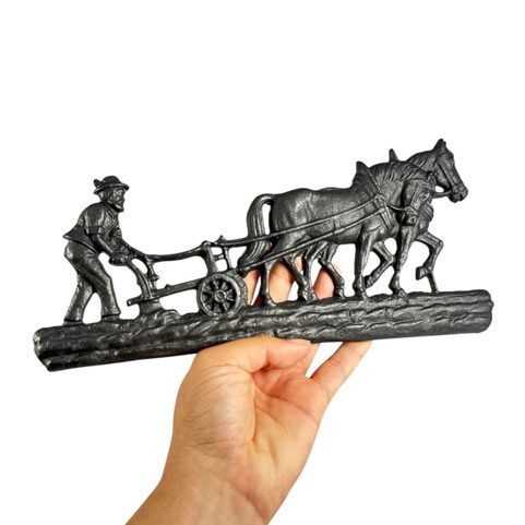 PLOUGHMAN AND HORSES, BARN DECORATION, CAST IRON