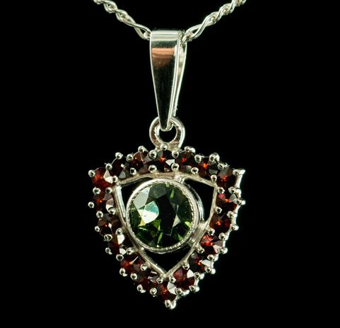 CENTAURI, MOLDAVITE, GARNET, SILVER PENDANT