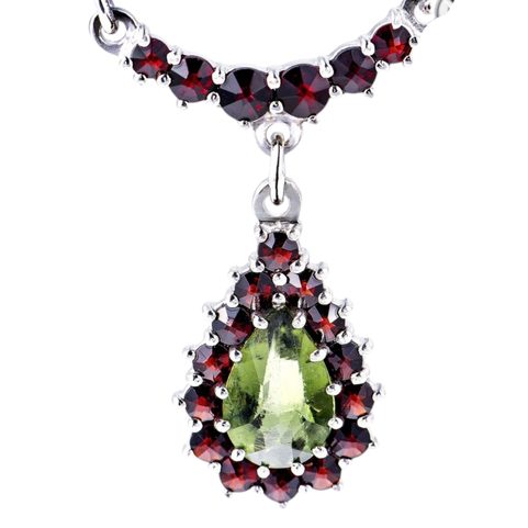 MOLDAU, NECKLACE, MOLDAVITE, GARNET, SILVER 925